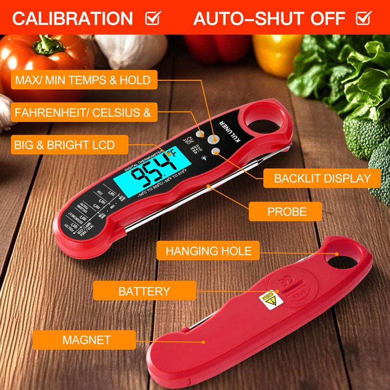 KULUNER TP-01 Waterproof Digital Instant Read Meat Thermometer with 4.6 Folding Probe Backlight Calibration Function for Cooking Food Candy, BBQ Grill, Liquids,Beefï¼ˆRedï¼‰ - Image 4